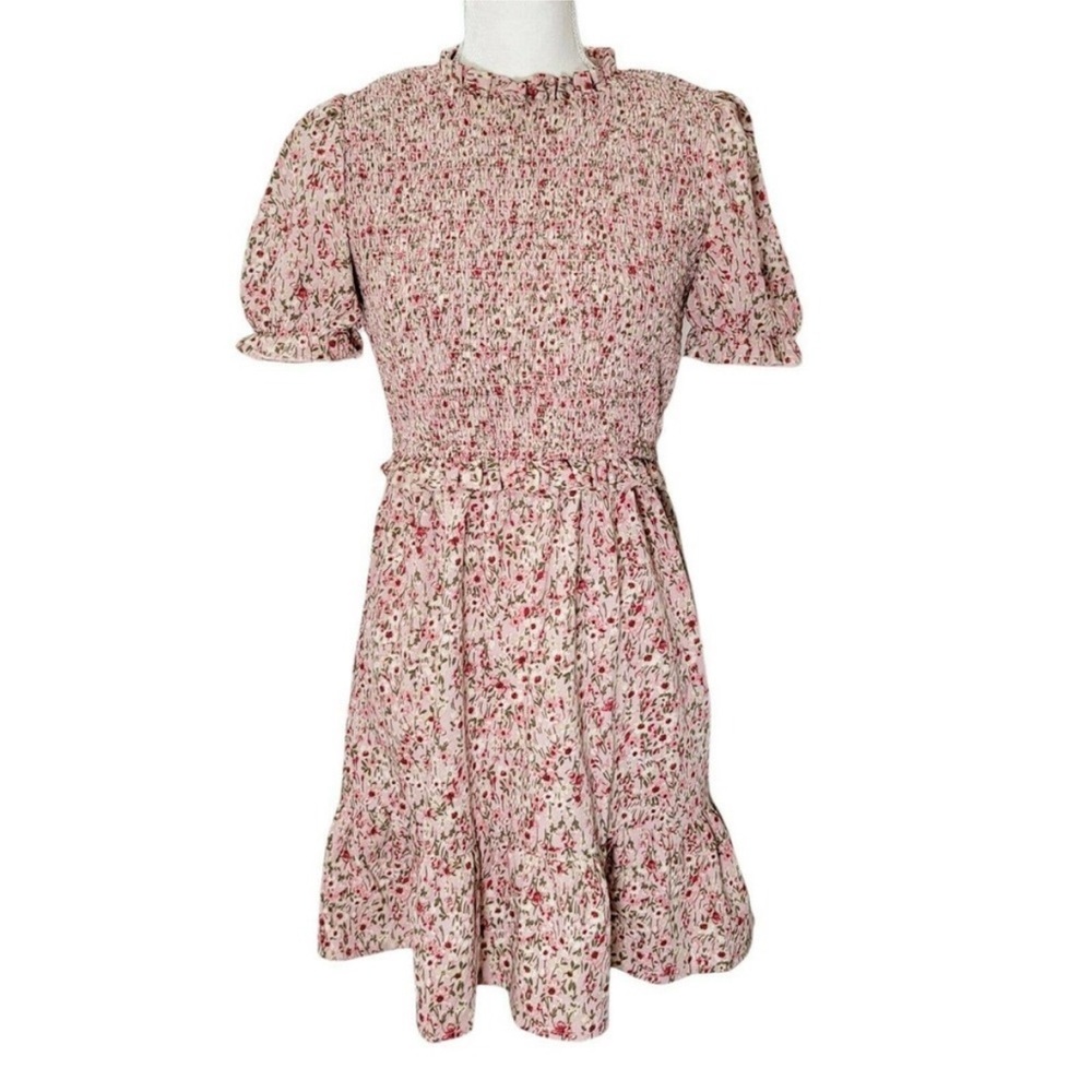 Pink Floral Smock Dress Puff Sleeves Ruffle Trim Cottagecore